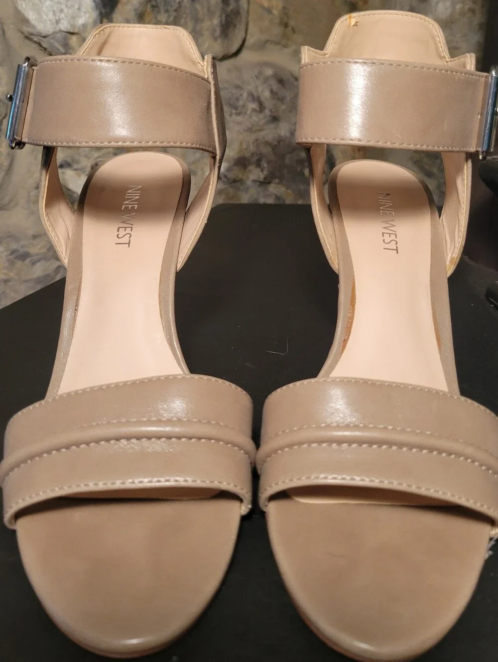 Nine West Pepita Women's 7M Taupe Wedge Sandals Ankle Strap Buckle Open Toe